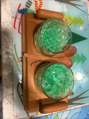 Wooden Serving Tray Set with Two Glass Bowls in Green